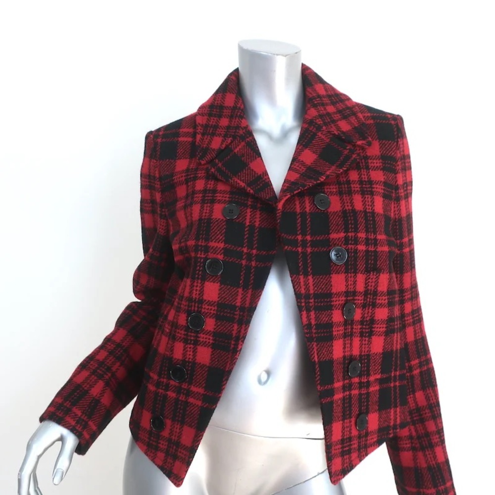 Saint Laurent Red and Black Plaid Pea Coat